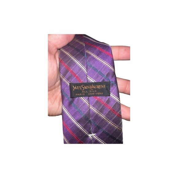 Purple Saint Laurent Striped Handmade Silk Neck Tie - Picture 2 of 4